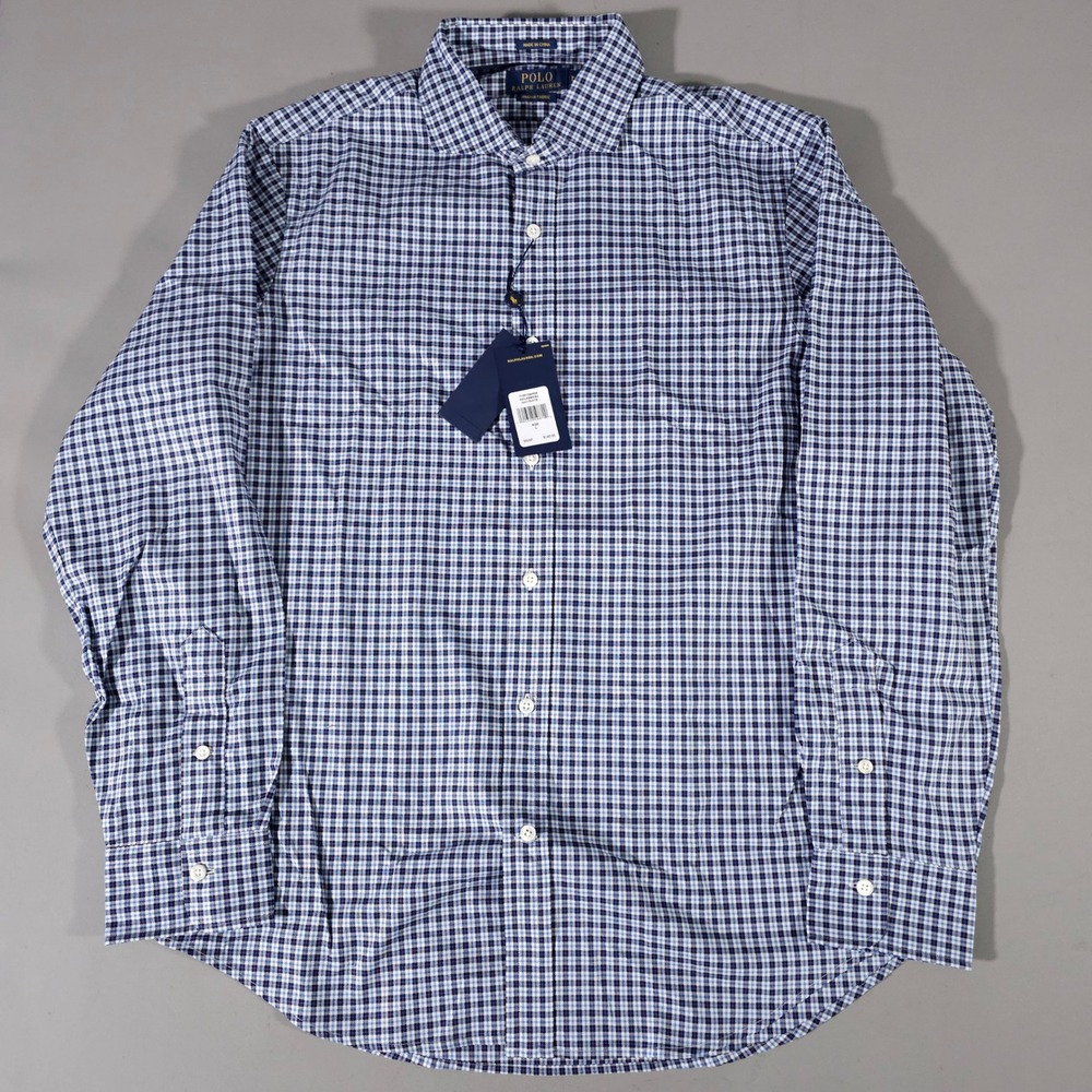 Polo Ralph Lauren Button Down Mens L Navy White Gingham Italian Fabric Shirt